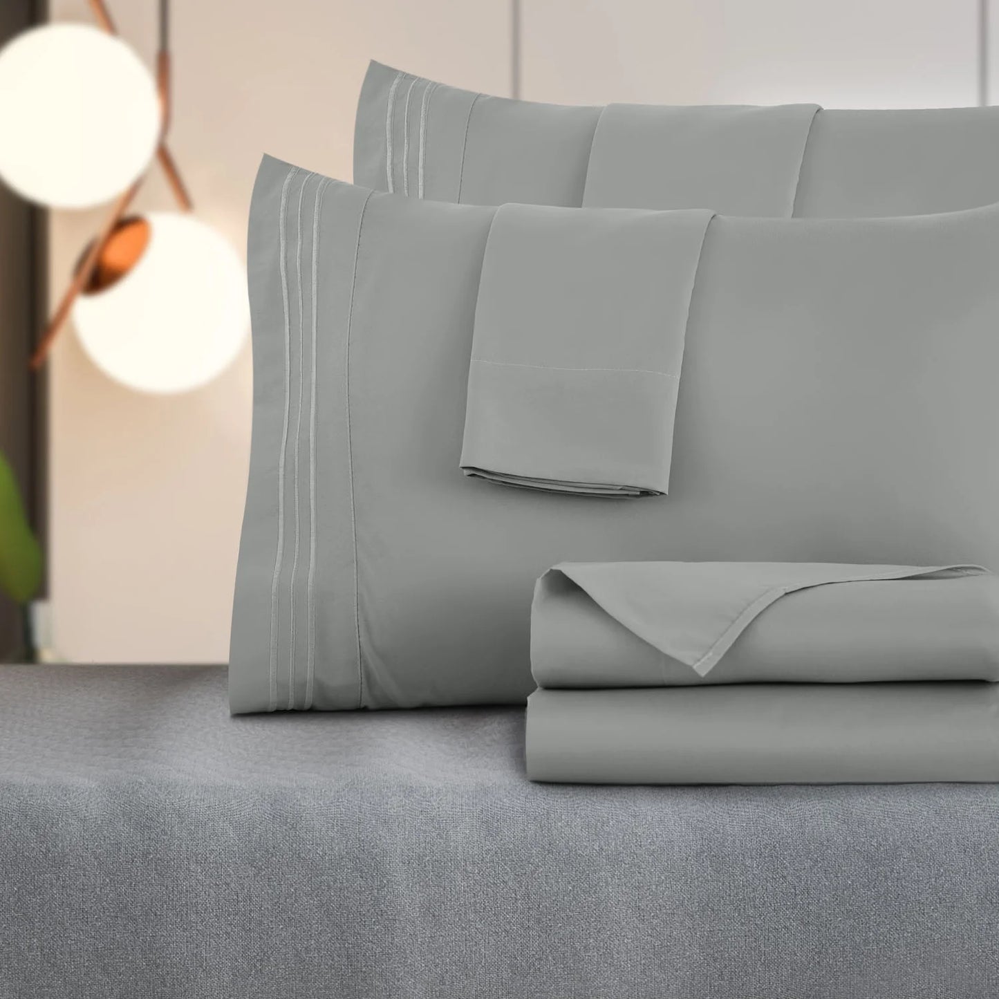 Queen Sheets Set - 6 Piece Bed Sheets for Queen Size Bed, Double Brushed Microfiber Queen Size Bedding Sheets & Pillowcases, Gray