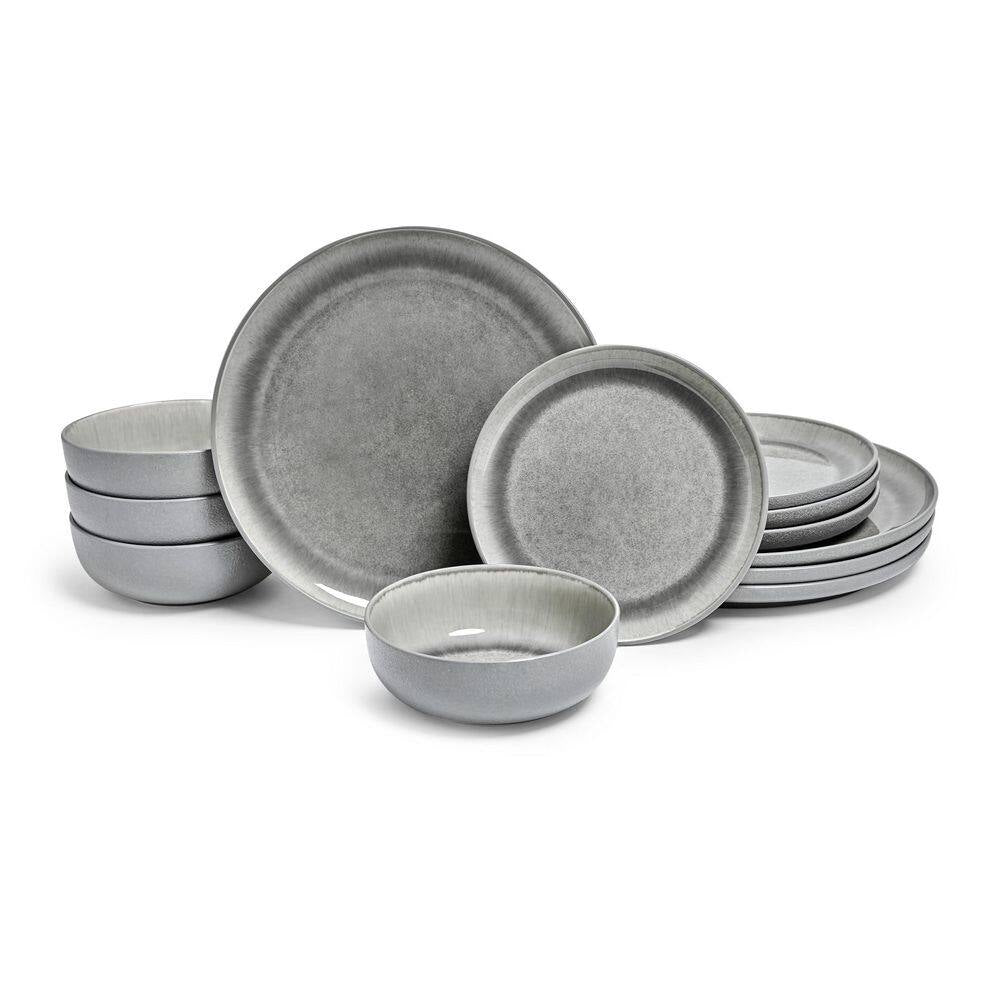Asher Gray 12-Piece Stoneware Dinnerware Set, Round, Microwave and Dishwasher Safe