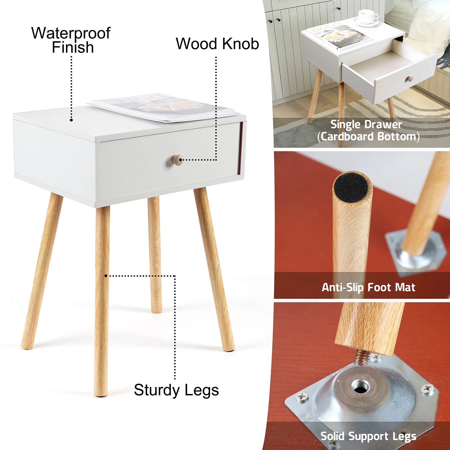 Nightstand, Modern End Table with Drawer, White Bedside Furniture Dresser for Bedroom, Living Room