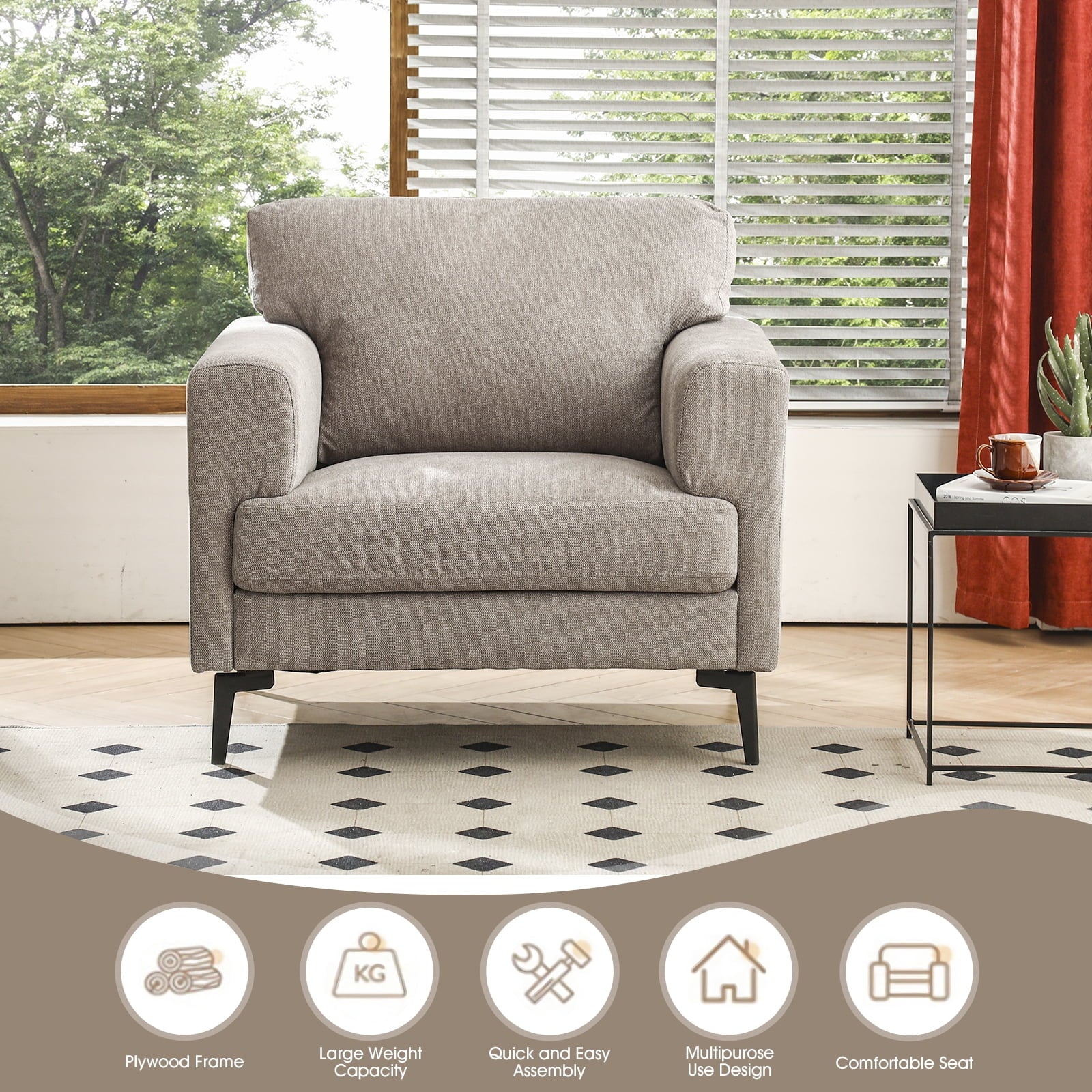 Accent Chair Set of 2, 37.8" Wide Linen Upholstered Living Room Armchairs, Modern Comfy Fabric Lounge Arm Chairs for Bedroom, Light Brown