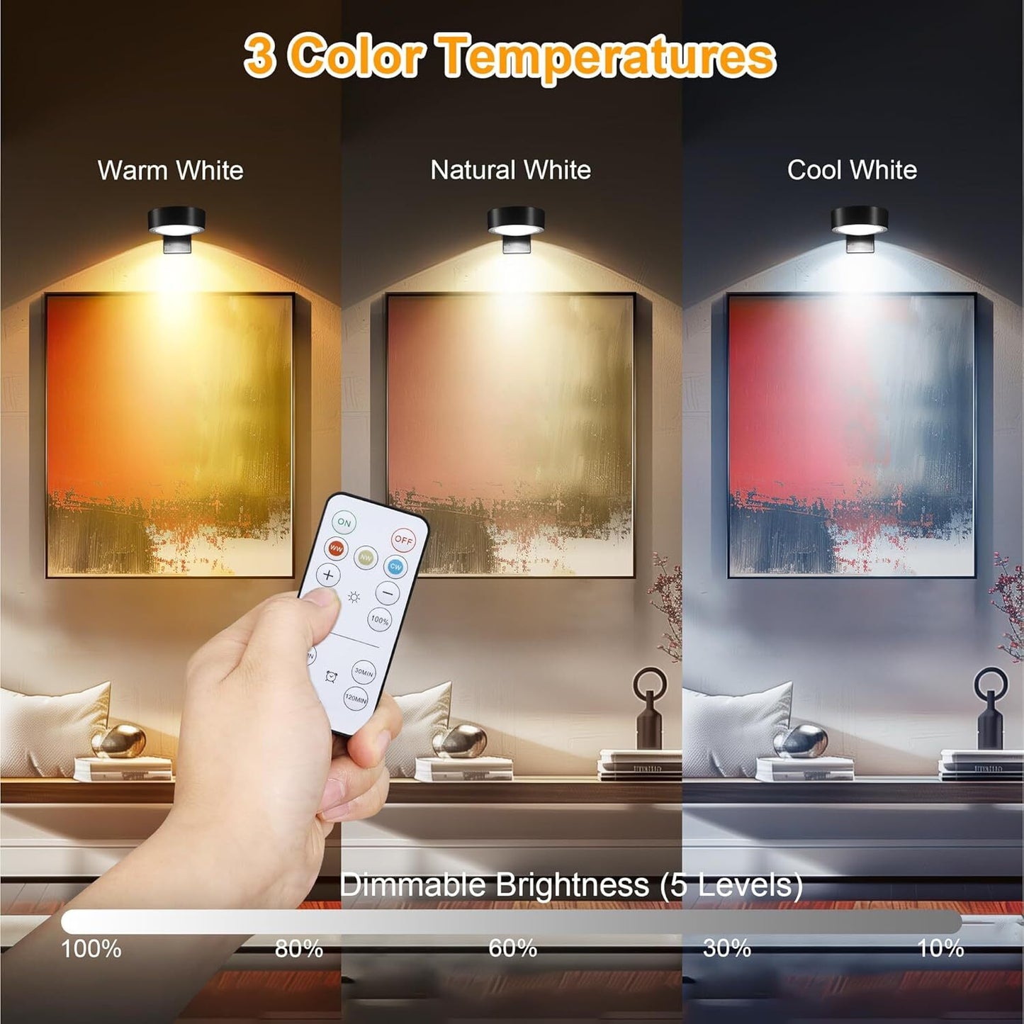 3-Pack Picture Lights for Wall, Rechargeable Battery Operated LED Painting Light