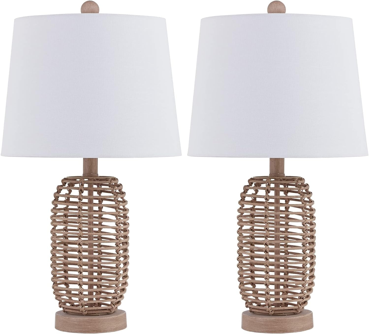 Natural Rattan Table Lamps Set of 2, Coastal Bedside Lamps 21'' Tall Brown Nightstand Lamps with White Fabric Shade for Bedroom, Living Room