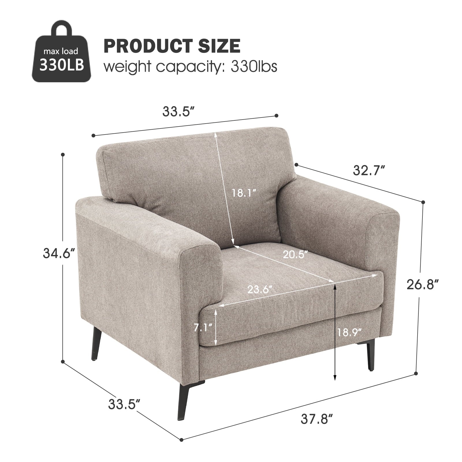 Accent Chair Set of 2, 37.8" Wide Linen Upholstered Living Room Armchairs, Modern Comfy Fabric Lounge Arm Chairs for Bedroom, Light Brown