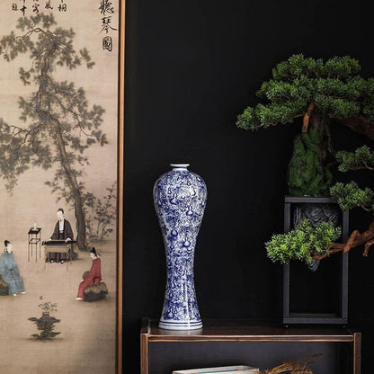 Chinese Blue and White Vase, Antique Handmade Ceramic Flower Vase, Decorative Glazed Vases for Home Decor, Table, Living Room, Fish Tail Vase (No.01)