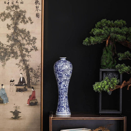 Chinese Blue and White Vase, Antique Handmade Ceramic Flower Vase, Decorative Glazed Vases for Home Decor, Table, Living Room, Fish Tail Vase (No.01)