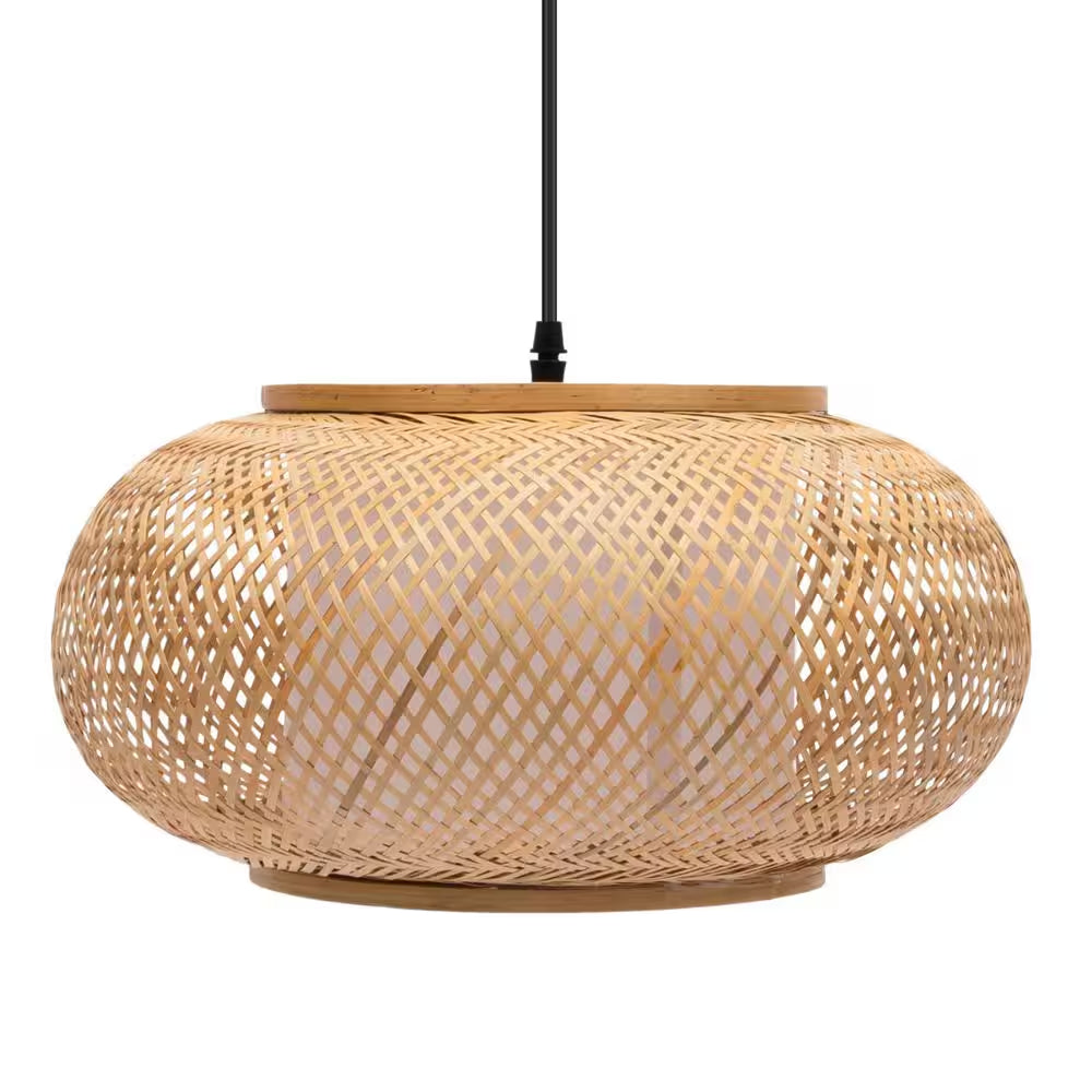15.7 In. 1-Light Vintage Bamboo Rattan Lantern Pendant Light with Hand-Woven Bamboo Shade