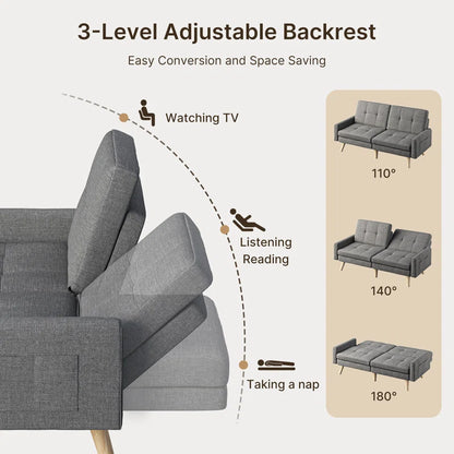 Nazeer 70.9" Futon Loveseat Sofa, Reclining Linen Sofa Bed