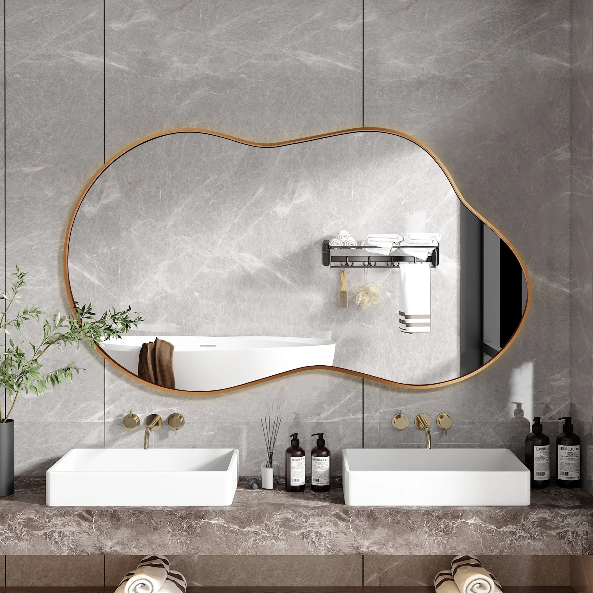 Irregular Wall Mirror 46"X26" Cloud Shaped Mirrors for Bathroom, Gold Aluminum Alloy Frame
