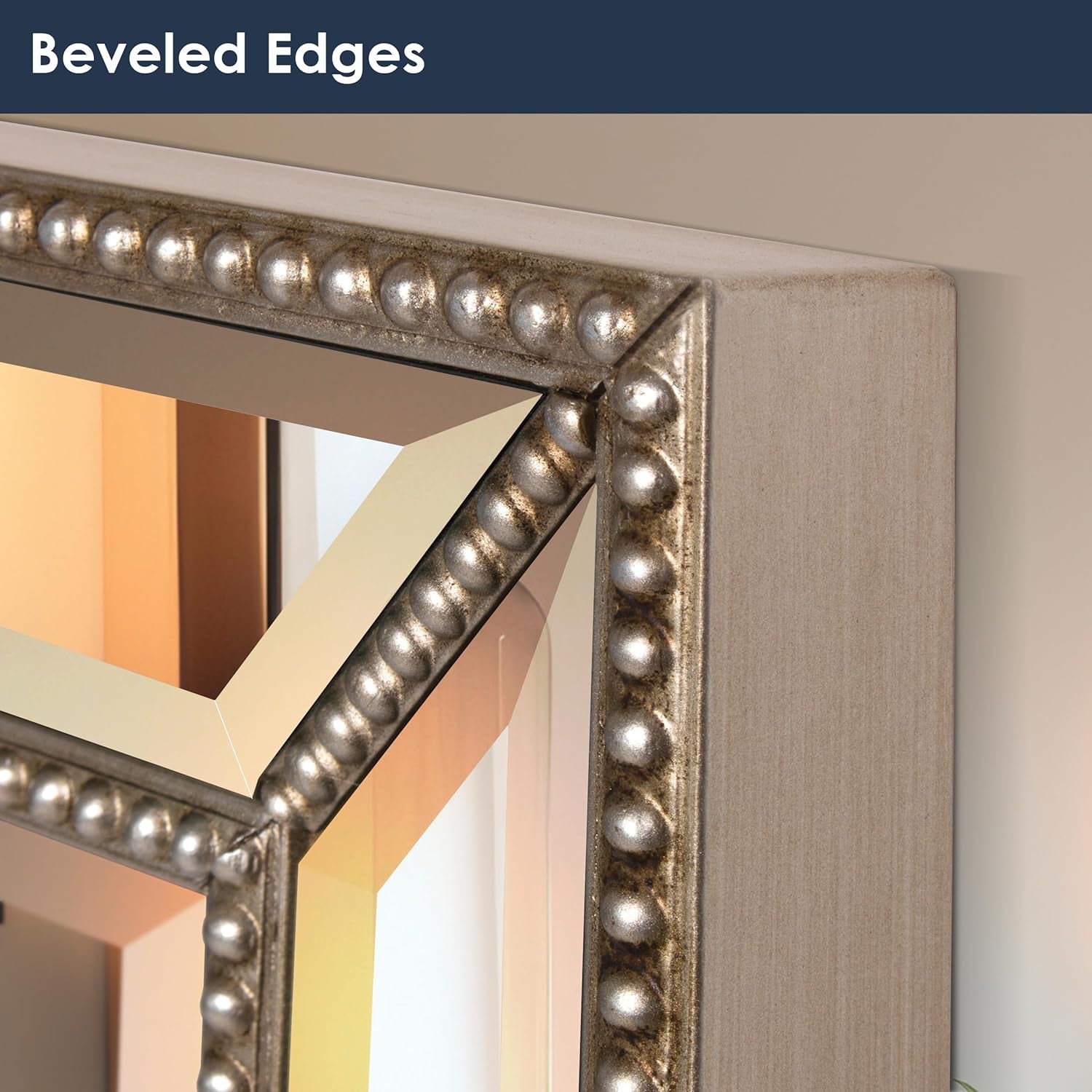 24'' X 36'' Metro Beveled Edge Mirror with Beaded Glass Frame, Wall Mounted Rectangle Mirror for Bathroom Vanity, over Sink, Entryway, and Bedroom, Champagne Silver
