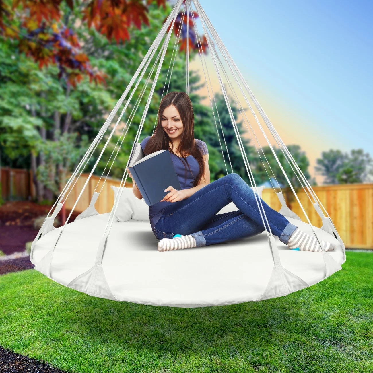 Hanging Swing Nest with Pillow, Double Hammock Daybed Saucer Style Lounger Swing, 264 Pound Capacity Green