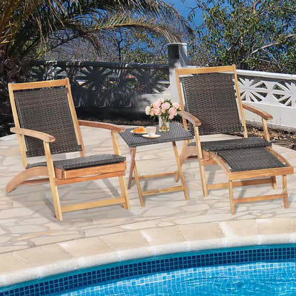 4-Piece Wicker Patio Conversation Set Rattan Folding Lounge Chair Table with Retractable Footrest