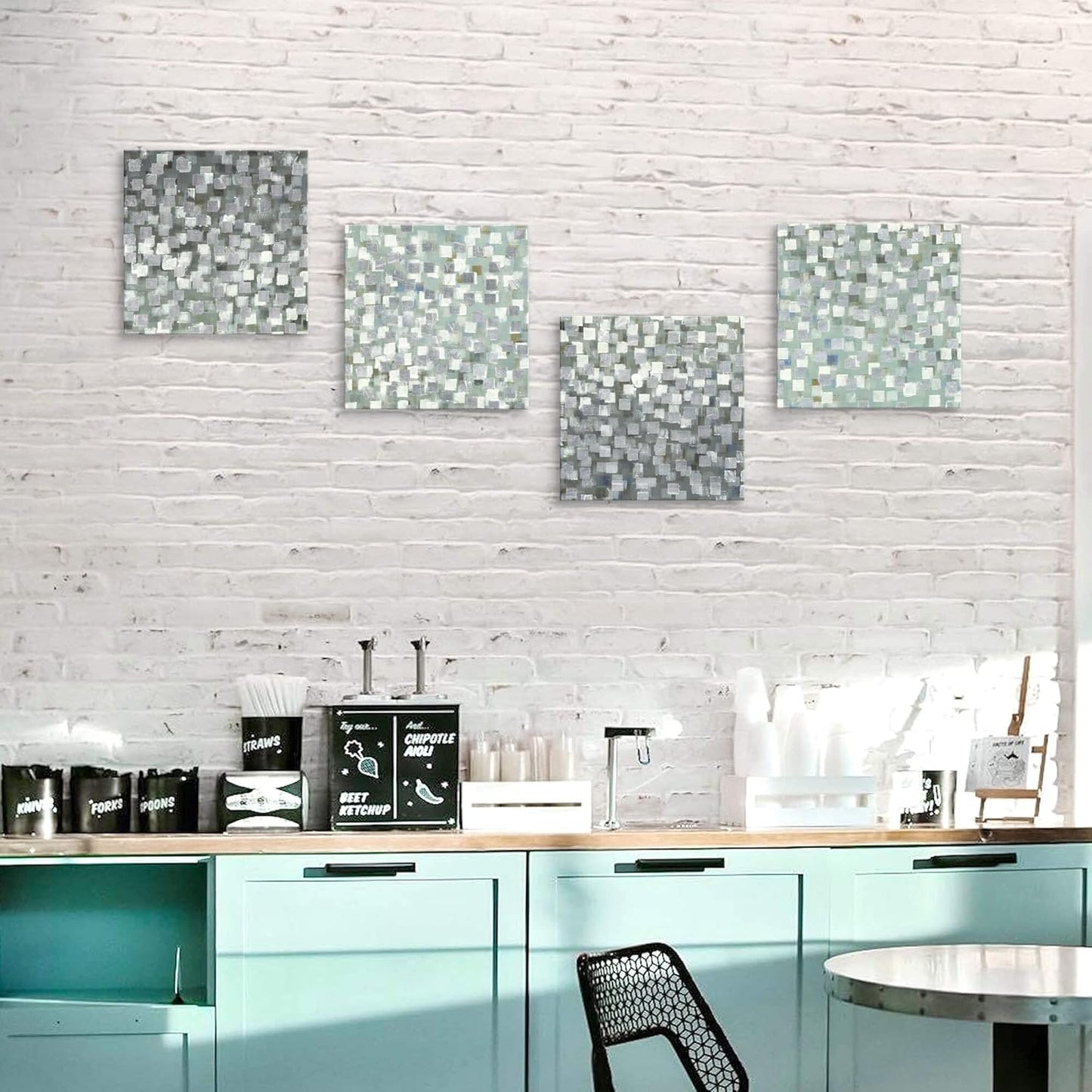 Abstract Canvas Wall Art Pictures: Bedroom Modern Silver Foil Print Artwork Decor Contemporary Glitter Squares Teal Green Gradient Textured Painting for Office (12” X 12” X 4 Panels)
