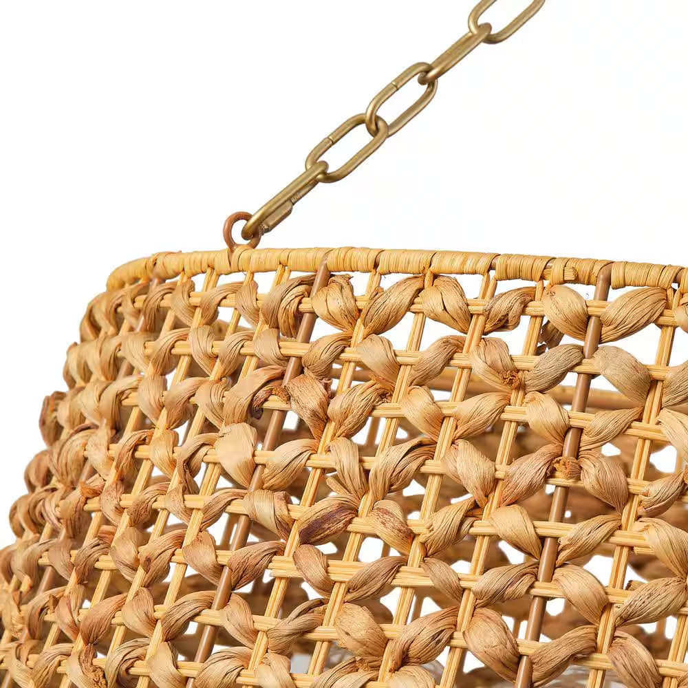 29.92 In. 6-Light Gold Woven Oversized Chandelier Boho Hand Rattan Rustic Farmhouse Ceiling Hanging Light