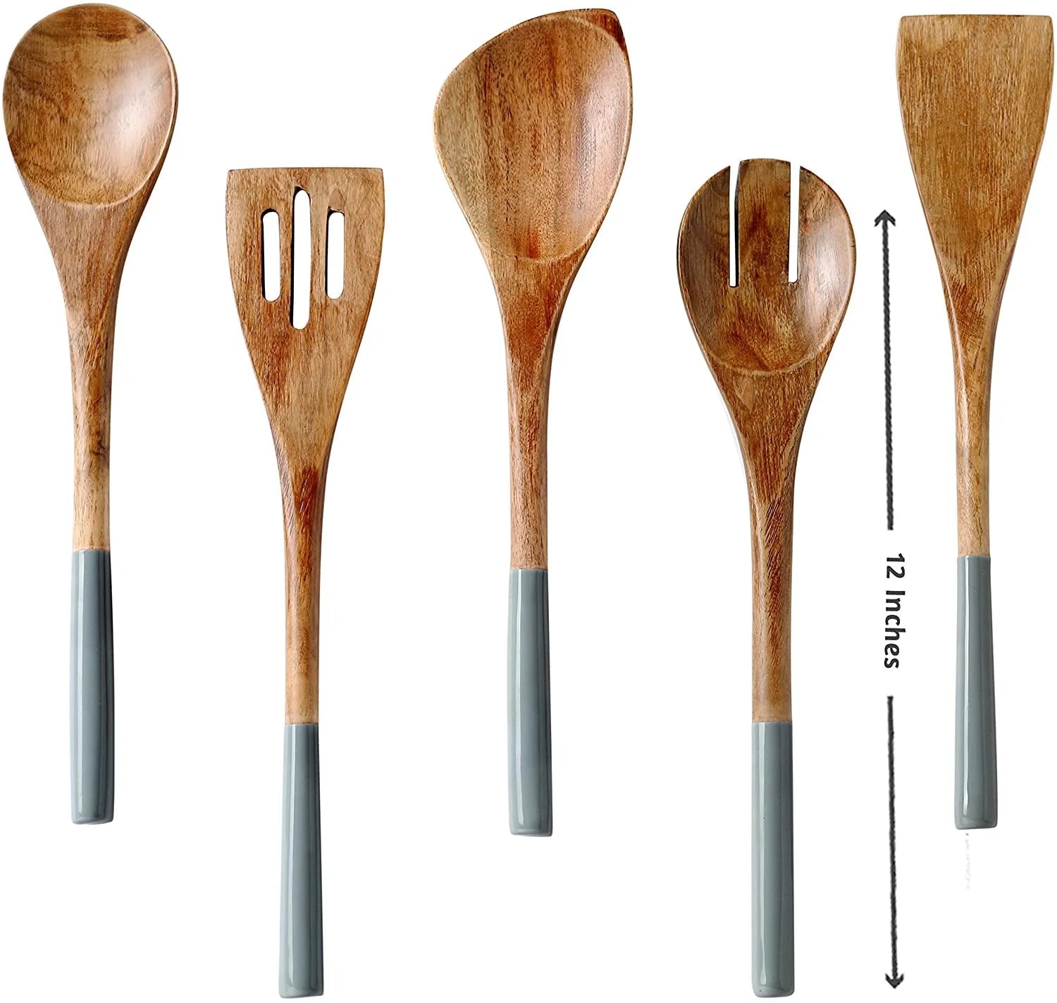 Wooden Spoons for Cooking, Set of 5 Wooden Utensils for Cooking, Nonstick Wooden Cooking Utensils, Kitchen Utensil Sets with Wooden Spoon Sets and Wooden Spatula - Gray/Grey