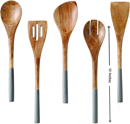 Wooden Spoons for Cooking, Set of 5 Wooden Utensils for Cooking, Nonstick Wooden Cooking Utensils, Kitchen Utensil Sets with Wooden Spoon Sets and Wooden Spatula - Gray/Grey