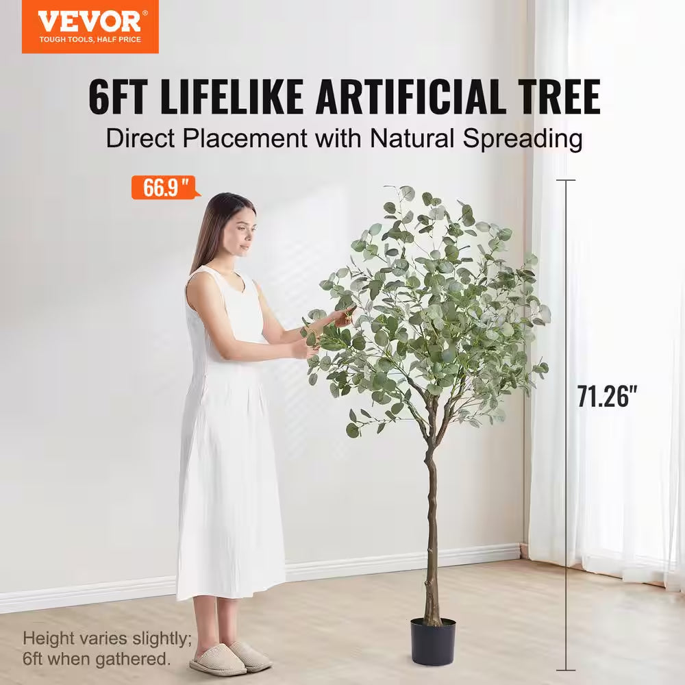 6 Ft. Artificial Eucalyptus Tree Tall Faux Plant Secure PE Material and Anti-Tip Tilt Protection Low-Maintenance Plant
