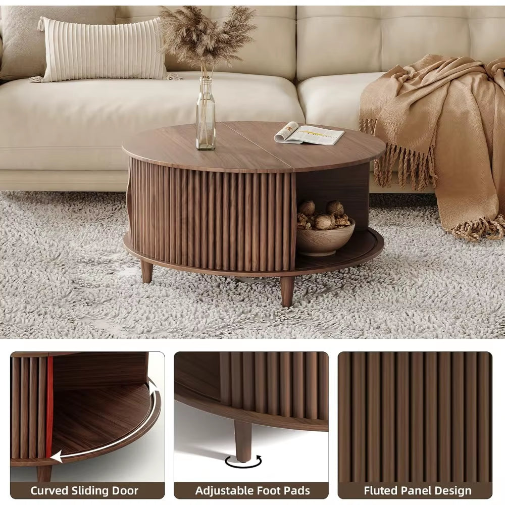 Round Coffee Table with Storage,Mid Century Modern Coffee Table with Sliding Cabinet Door,Coffee Tables,31.5" Small Center Table
