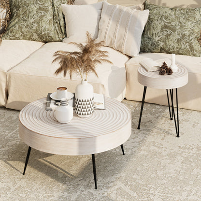 Rustic Handmade Ring Pattern MDF and Metal Coffee Table, White