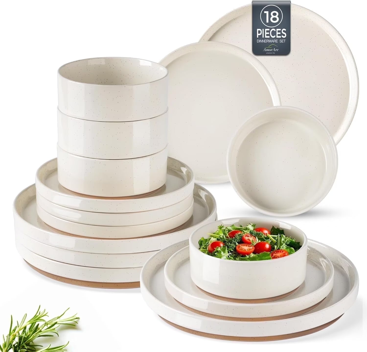 Ceramic Dinnerware Set for 6 | Speckled Stoneware Plates and Bowls with Unglazed Terracotta | Scratch Resistant, Dishwasher & Microwave Safe ,Service for 6 Dishes Set(18Pcs),Beige