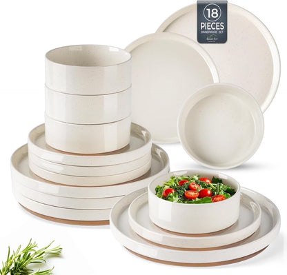 Ceramic Dinnerware Set for 6 | Speckled Stoneware Plates and Bowls with Unglazed Terracotta | Scratch Resistant, Dishwasher & Microwave Safe ,Service for 6 Dishes Set(18Pcs),Beige