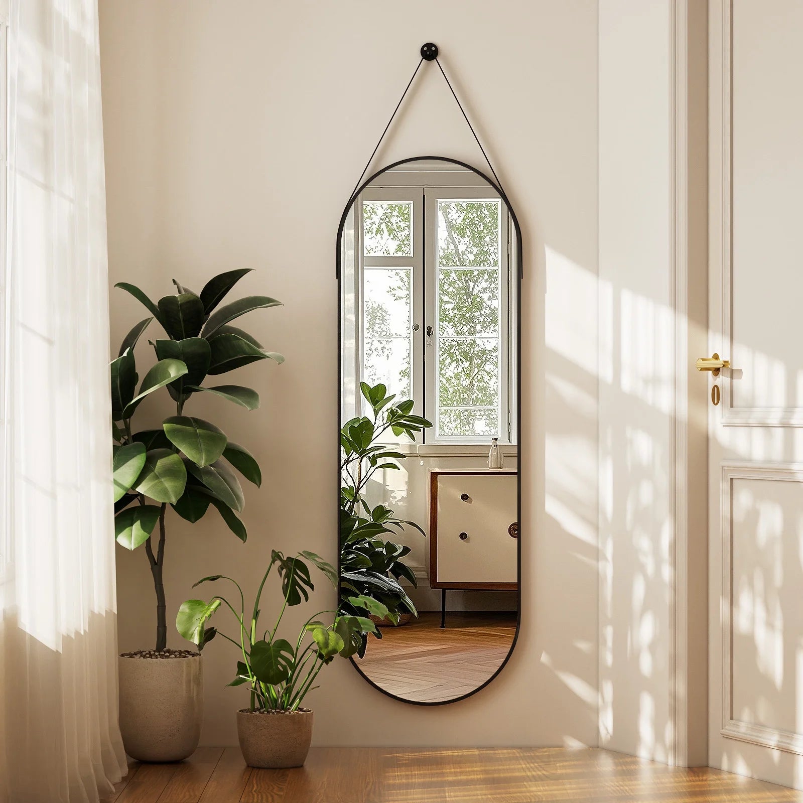 48" X 16" Full Length Mirror Oval Hanging Wall Mirror with Leather Strap,Black