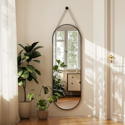 48" X 16" Full Length Mirror Oval Hanging Wall Mirror with Leather Strap,Black
