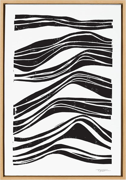 Sylvie Ocean Abstract Waves Framed Canvas Wall Art by Statement Goods, 23X33 Natural, Modern Minimalist Black Line Art Wall Décor