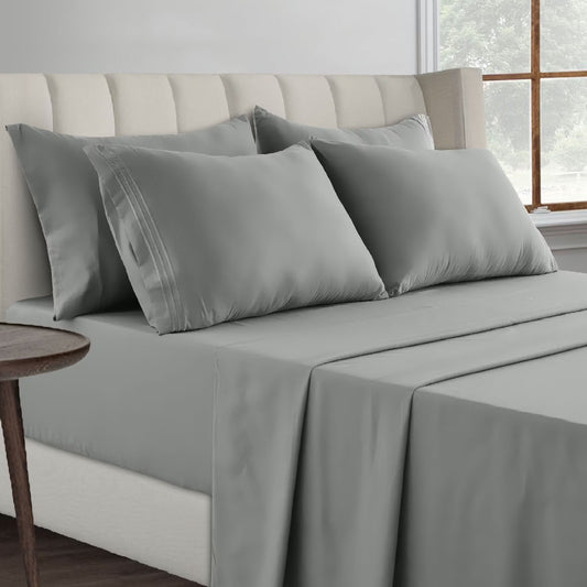 Queen Sheets Set - 6 Piece Bed Sheets for Queen Size Bed, Double Brushed Microfiber Queen Size Bedding Sheets & Pillowcases, Gray