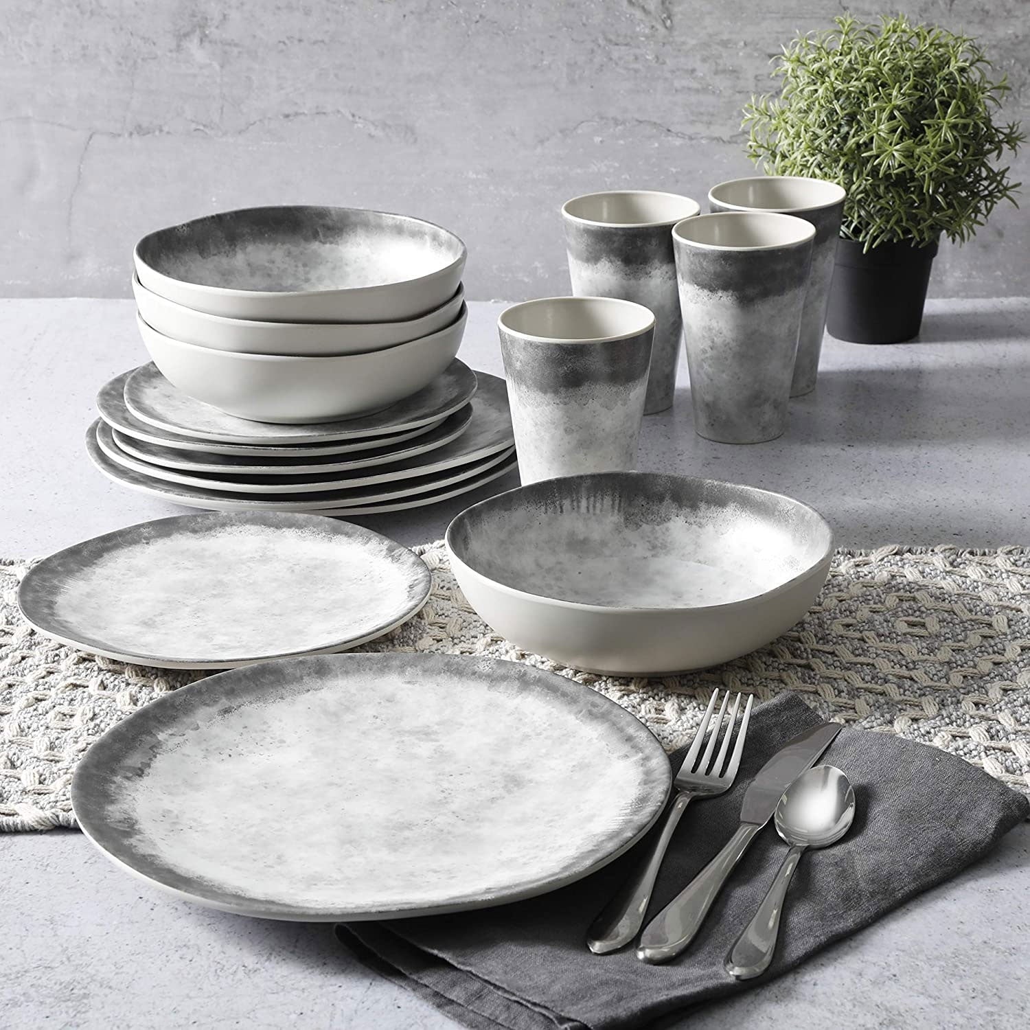 Granite Organic round Melamine Dinnerware Set, Service for Four (16Pcs), Marble