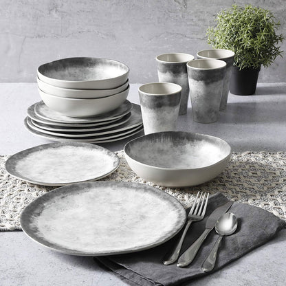 Granite Organic round Melamine Dinnerware Set, Service for Four (16Pcs), Marble