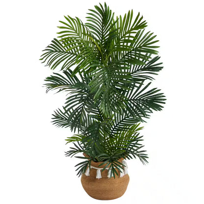 4 Ft. Green Areca Faux Palm Tree in Boho Chic Handmade Natural Cotton Planter with Tassels UV Resistant (Indoor/Outdoor)