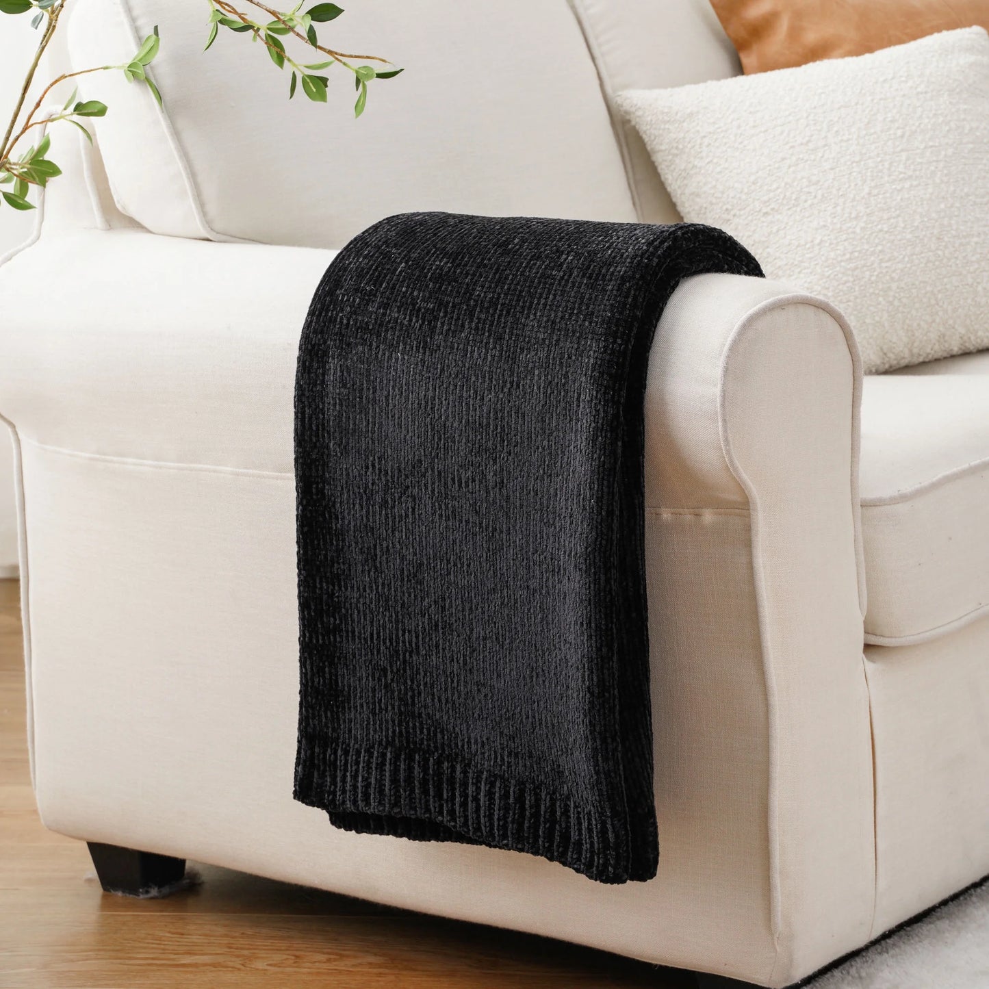 Black Chenille Throws for Couch,Soft Lightweigt Knitted Blanket for Living Room,51"X 67"