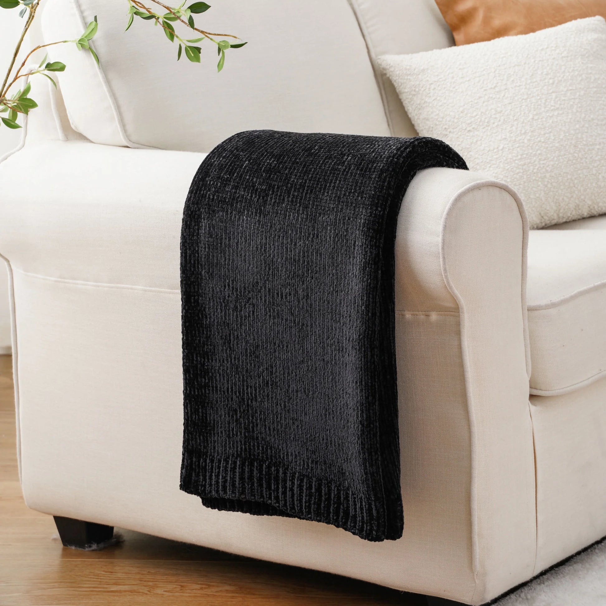 Black Chenille Throws for Couch,Soft Lightweigt Knitted Blanket for Living Room,51"X 67"