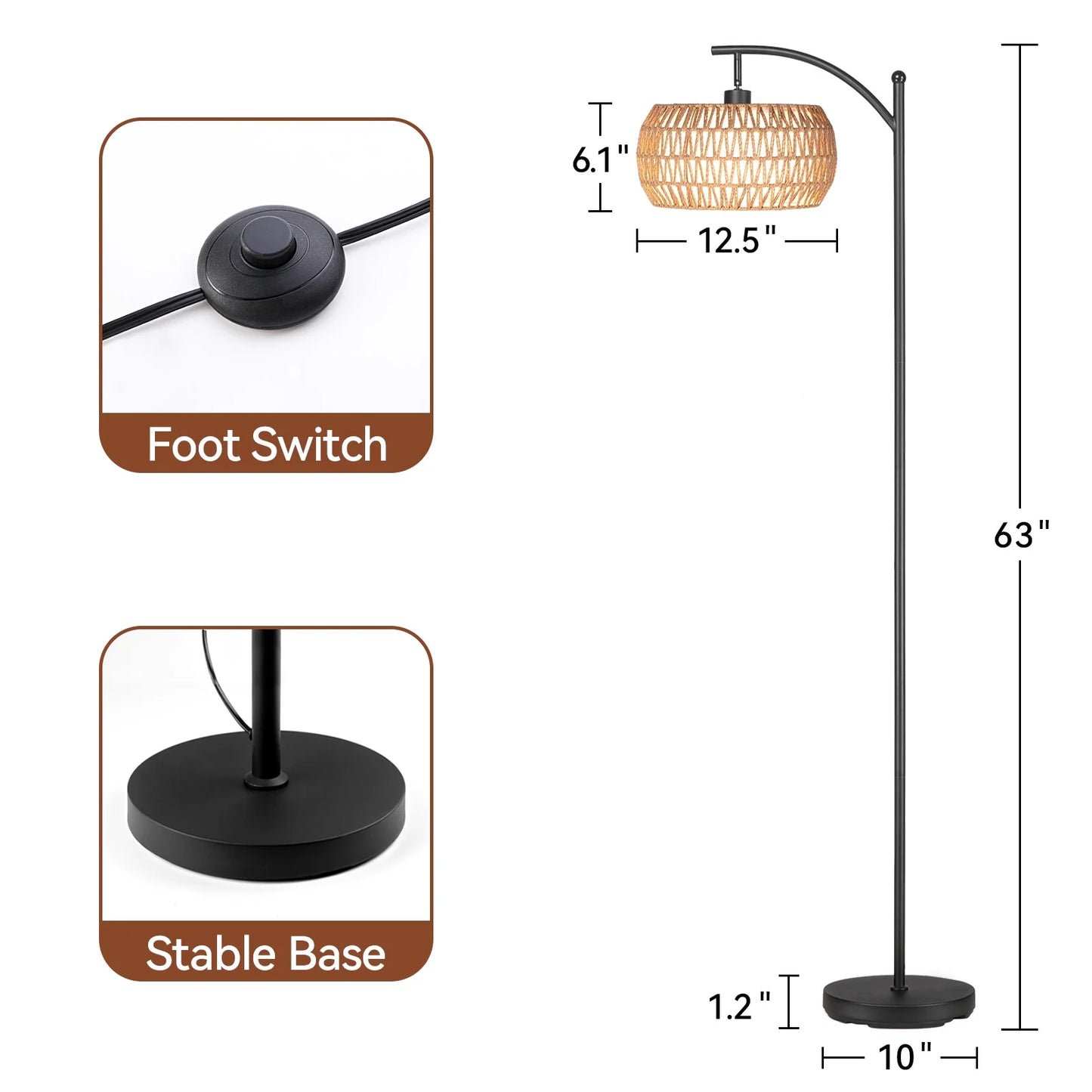63'' Dimmable Arc Rattan Floor Lamp, Black Standing Lamp with Rattan & Fabric Double Drum Shade, Boho Farmhouse Tall Lamp for Living Room, Lamps for Bedroom