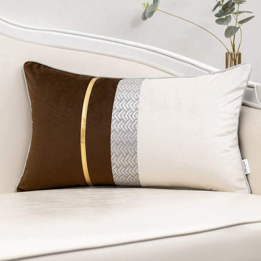 Coffee Brown Patchwork Velvet Lumbar Pillow Cover with Gold Striped Leather Cushion Case Modern Luxury Pillowcase for Sofa Couch Bedroom Living Room Home Decor,12"X20"