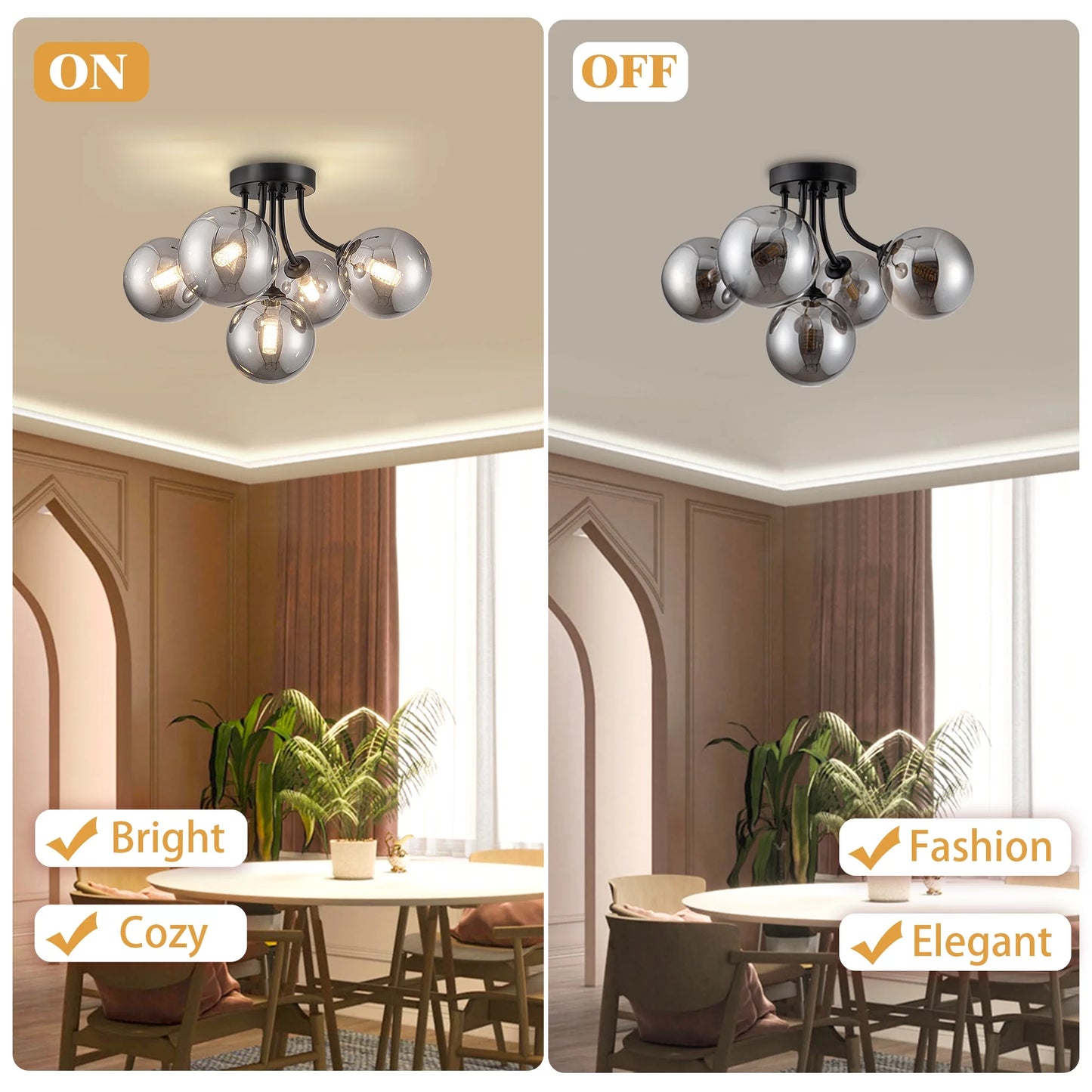 Modern Ceiling Light 5-Light Sputnik Ceiling Light Fixture with Smoke Grey Glass Globe Semi Flush Mount Ceiling Light for Hallway Kitchen Bathroom Black 15 Inch