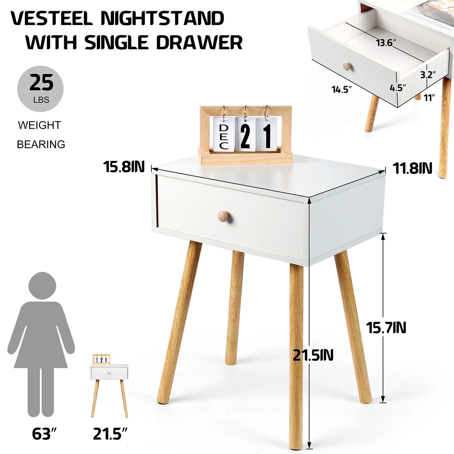 Nightstand, Modern End Table with Drawer, White Bedside Furniture Dresser for Bedroom, Living Room