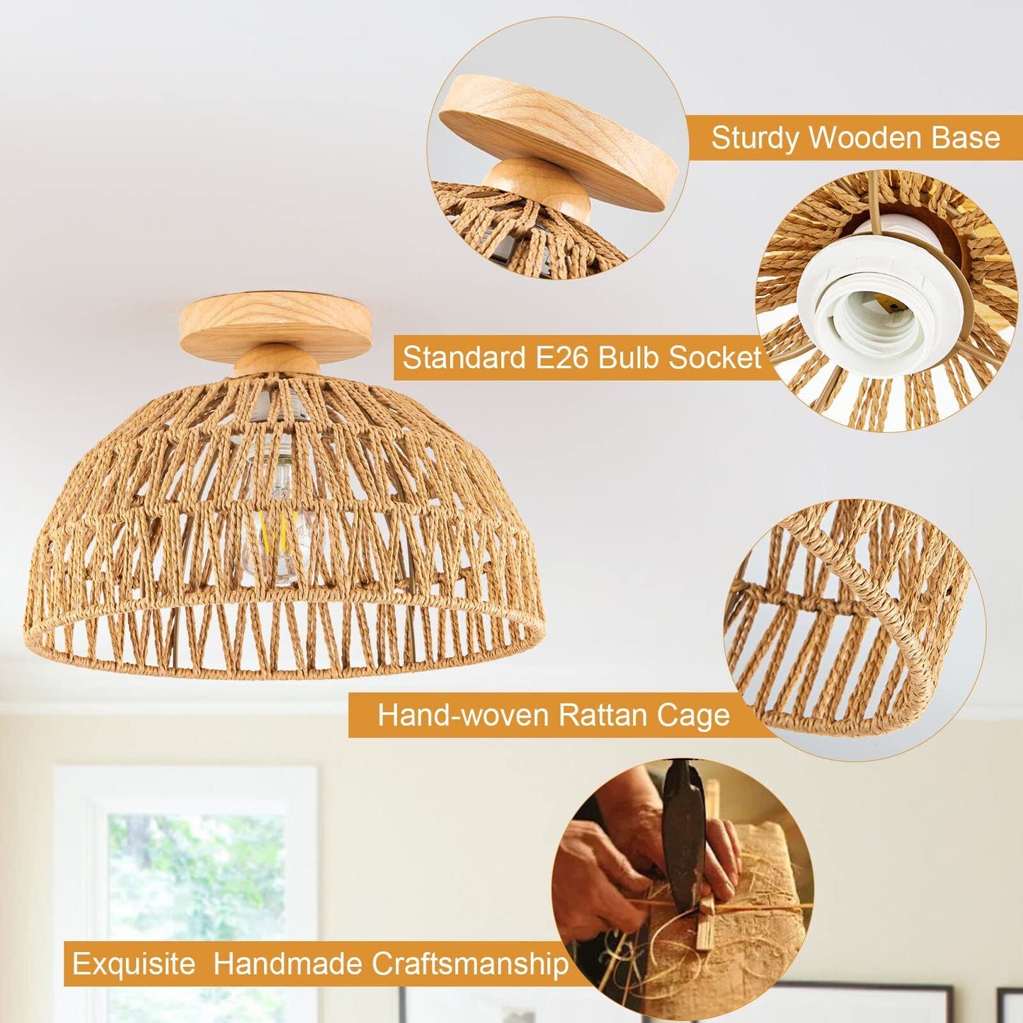 Boho Chandelier Rattan Ceiling Light Fixtures Boho Lamp Shade Flush Mount Ceilin