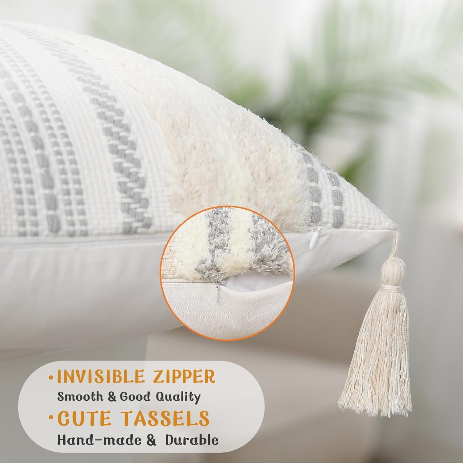 Decorative Boho Throw Pillow Covers 20X20 Set of 2, Accent Neutral Textured Tufted Pillow Covers Striped for Couch Bed Sofa Living Room, Beige and Cream White