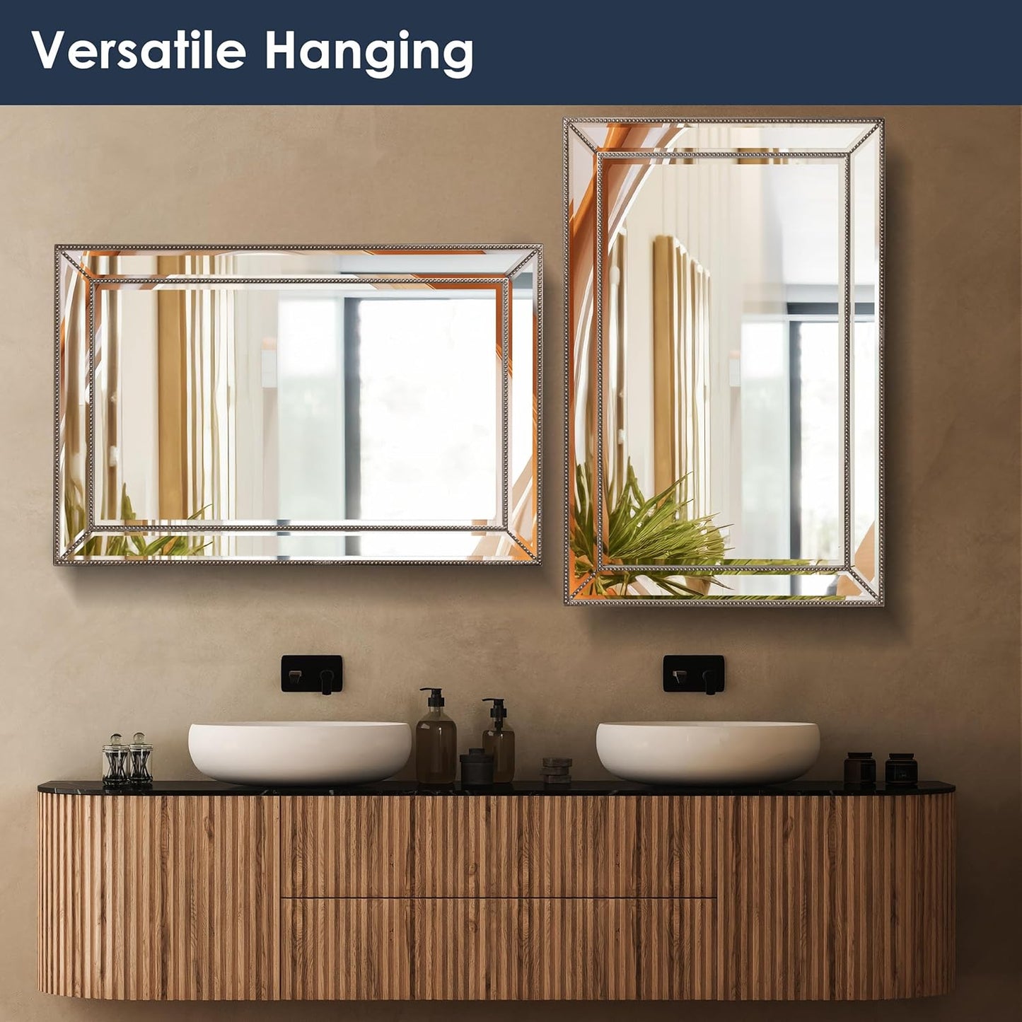 24'' X 36'' Metro Beveled Edge Mirror with Beaded Glass Frame, Wall Mounted Rectangle Mirror for Bathroom Vanity, over Sink, Entryway, and Bedroom, Champagne Silver