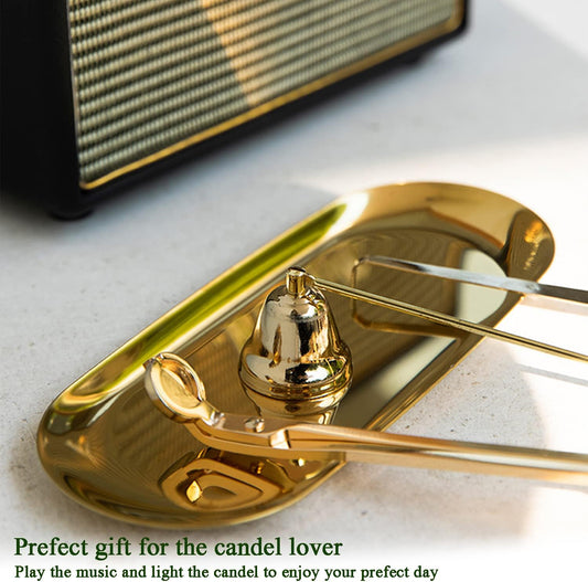 4 in 1 Candle Accessory Set - Wick Trimmer, Snuffer, Dipper, Storage Tray for Candle Lovers, Holidays (Gold)