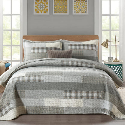 Quilt King Size - 100% Cotton Grey King Quilt Farmhouse Plaid Quilted Bedspread, 3 Pieces Lightweight Reversible King Size Quilt Bedding Set for All Season