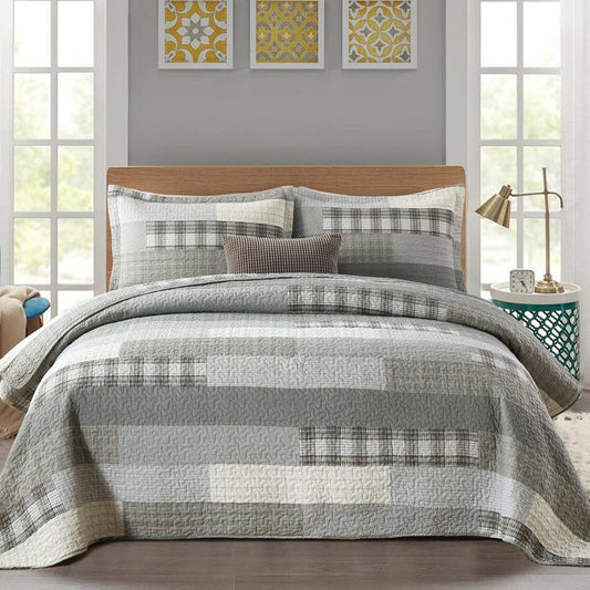 Quilt King Size - 100% Cotton Grey King Quilt Farmhouse Plaid Quilted Bedspread, 3 Pieces Lightweight Reversible King Size Quilt Bedding Set for All Season