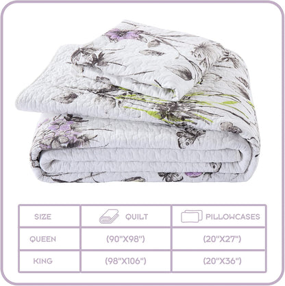Queen Quilt Floral Bedspread, 100% Cotton Queen Size Quilt, White Purple Floral Quilt Sets Queen, Lightweight Soft Quilt Bedding Set for All Season, 3-Pieces
