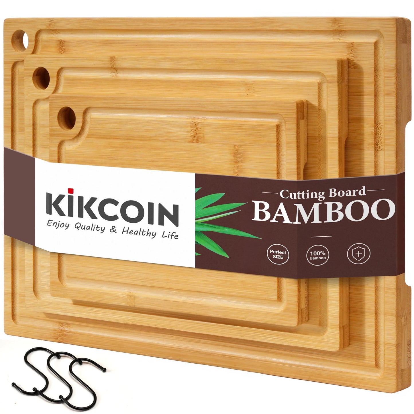 Bamboo Cutting Board, 3 Pcs Cutting Board with 3 Hooks, Wood Chopping Boards for Kitchen, Deep Juice Groove for Vegetables and Meat