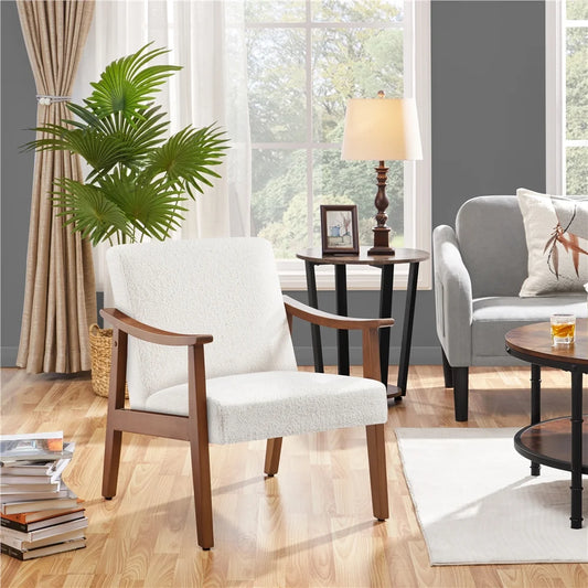 Mid-Century Modern Accent Chair with Wooden Frame, Ivory Boucle Fabric
