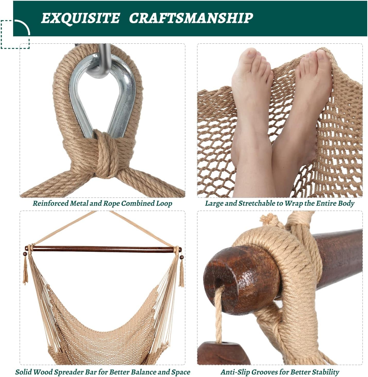 Large Hammock Chair with Spreader Bar, Caribbean Hammock Swing Chair, XL Hammock Chair Outdoor Indoor, 330 LBS Weight Capacity, Light Brown