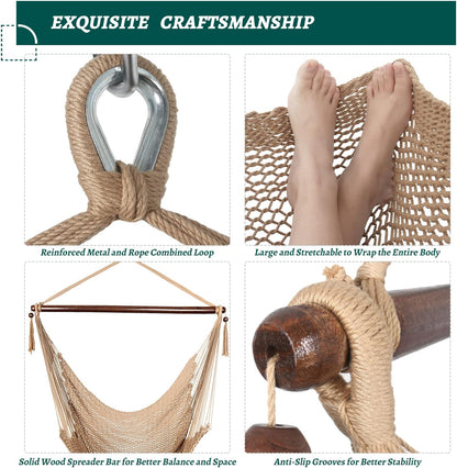 Large Hammock Chair with Spreader Bar, Caribbean Hammock Swing Chair, XL Hammock Chair Outdoor Indoor, 330 LBS Weight Capacity, Light Brown