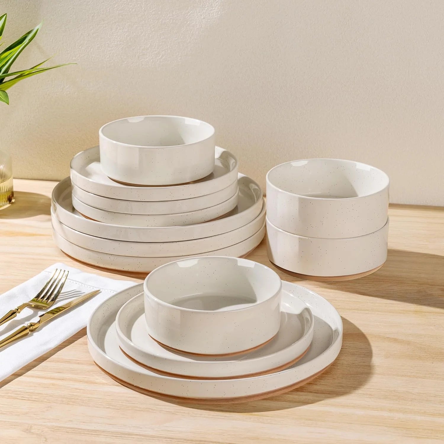 Ceramic Dinnerware Set for 6 | Speckled Stoneware Plates and Bowls with Unglazed Terracotta | Scratch Resistant, Dishwasher & Microwave Safe ,Service for 6 Dishes Set(18Pcs),Beige