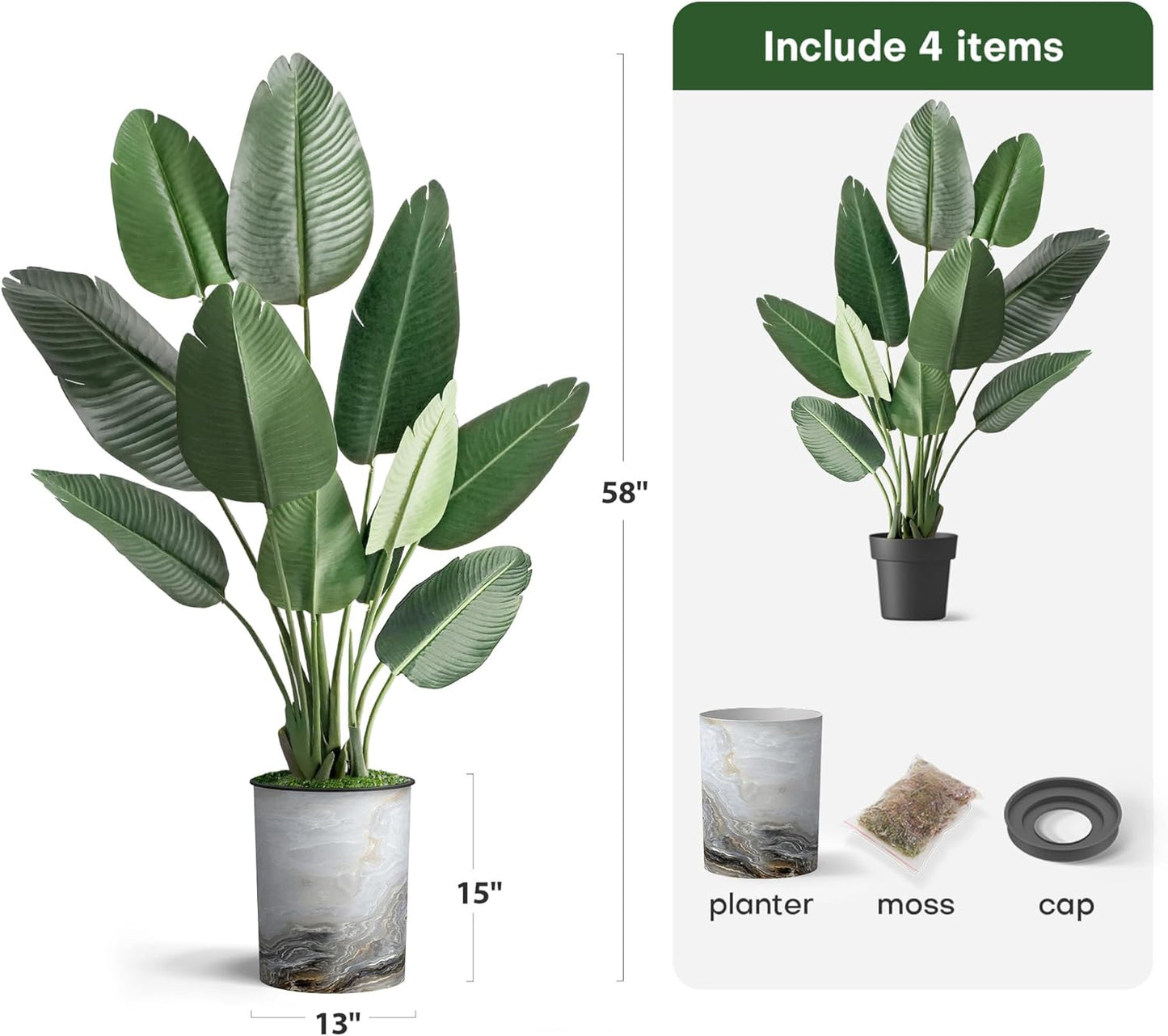 Artificial Tree in Granite Effect Planter, Fake Bird of Paradise Silk Tree for Indoor and Outdoor Home Decoration - 58" Overall Tall (Plant Pot plus Tree)